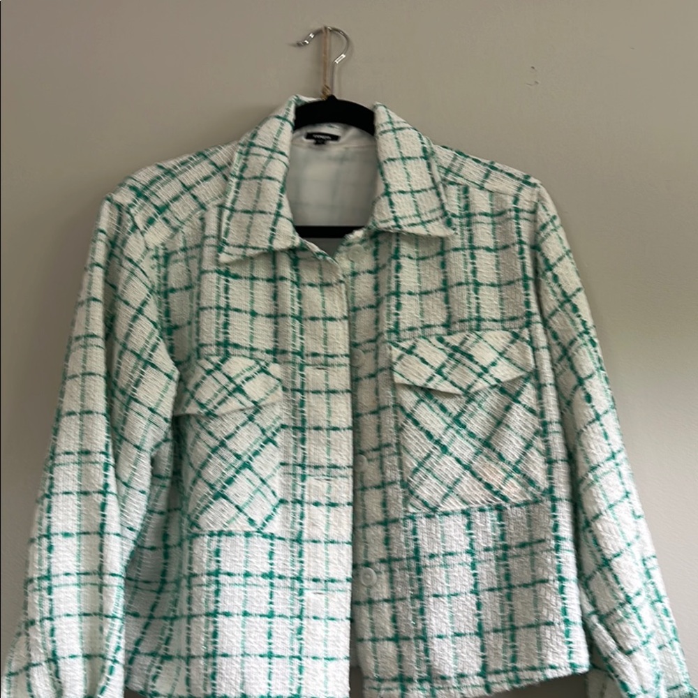Express Green and White Blazer with Plaid Design